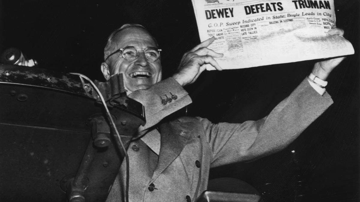 In 1948, Harry Truman displayed the “Dewey Defeats Truman” edition of the Chicago Tribune during a stop in St. Louis two days after the election.