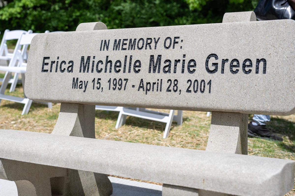 A bench dedicated to Erica Michelle Marie Green known to many as “Precious Doe” is seen at Hibbs Park on Thursday, May 15, 2025, in Kansas City. The bench is part of the newly unveiled Children’s Memorial honoring young lives lost to violence.