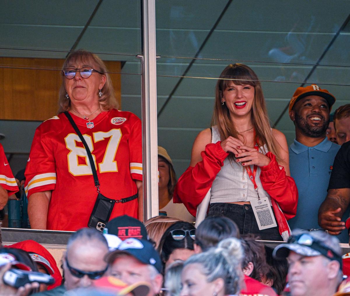 Singer Taylor Swift watches the Kansas City Chiefs take on the Chicago with the mother of Kansas City tight end Travis Kelce, Donna Kelce, Sunday, Sept. 24, 2023, at GEHA Field at Arrowhead Stadium.