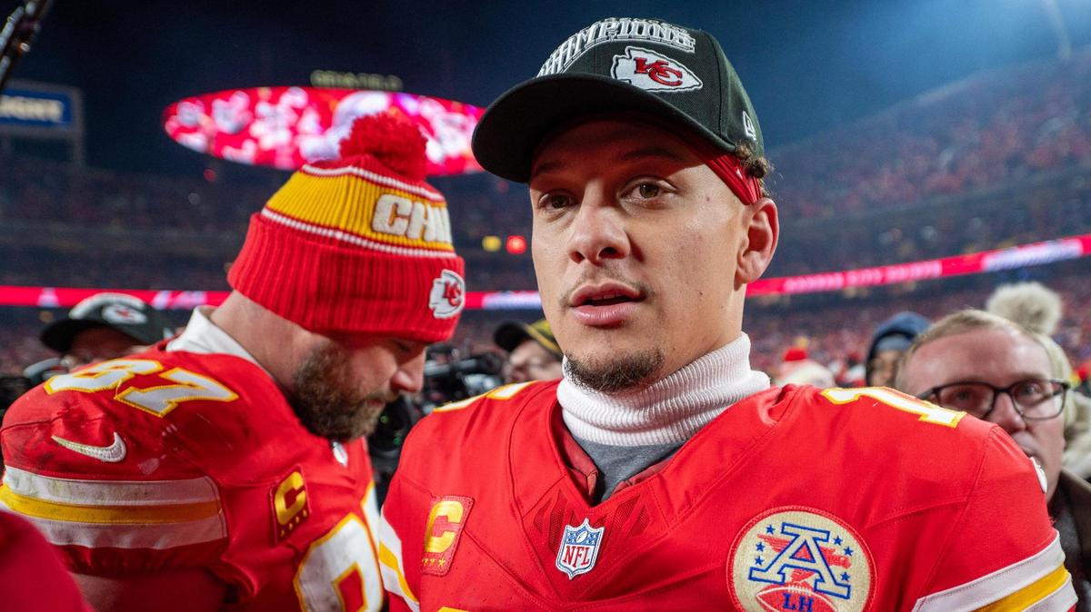 Kansas City Chiefs quarterback Patrick Mahomes (15) waits near the trophy stage after a 32-29 victory over the Buffalo Bills in the AFC Championship Game on Sunday, Jan. 26, 2025, at GEHA Field at Arrowhead Stadium.