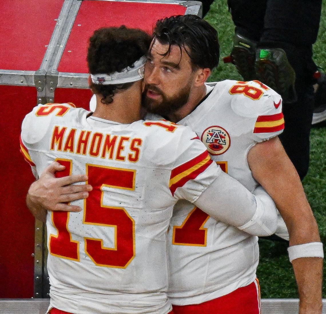 Kansas City Chiefs quarterback Patrick Mahomes (15) hugs tight end Travis Kelce (87) after the Chiefs lost to the Philadelphia Eagles 40-22 in Super Bowl LIX on Sunday, Feb. 9, 2025, in New Orleans.