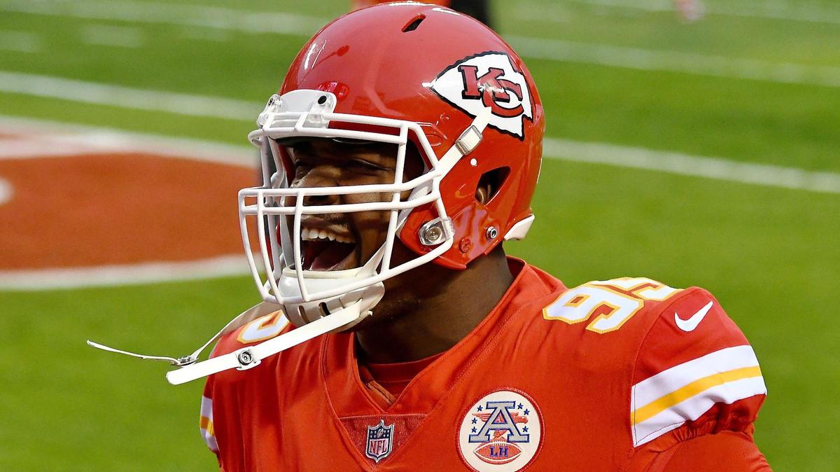 Kansas City Chiefs defensive tackle Chris Jones gets fired up Sunday, January 24, 2021, before the AFC Championship Game at Arrowhead Stadium in Kansas City, Missouri.