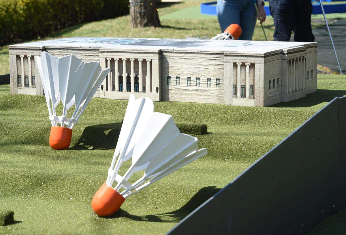 A miniature version of the Nelson Gallery and the Shuttlecocks makes up the ninth-hole Art Course, an art-themed miniature golf course on the south lawn of the Nelson Gallery on Saturday, March 20, in Kansas City. The course, featuring nine artfully-designed holes, will be open for play through October 24.