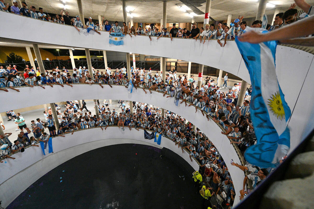 Argentina fans sing and chant after their team defeated Switzerland in the World Cup quarterfinal at Kansas City (Arrowhead) Stadium on Saturday, July 11.