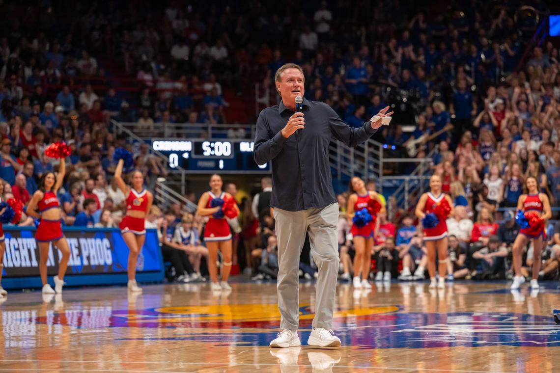 Kansas Jayhawks head coach Bill Self speaks to the crowd at Allen Fieldhouse during Late Night in the Phog, on Friday, October 17, 2025, in Lawrence.