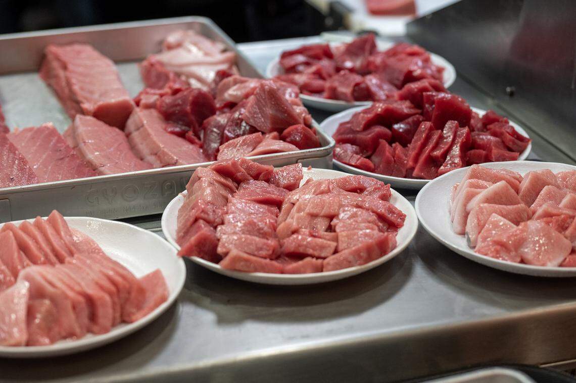 Assorted cuts of bluefin tuna are arranged on plates during a cutting show at KC Craft Ramen on Monday, March 2, 2026, in Overland Park.