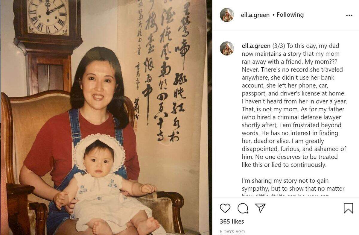 When her mother was missing for more than a year, Ellie Green, then 19, expressed her frustration at the story told to her by her father that her mother had run away.