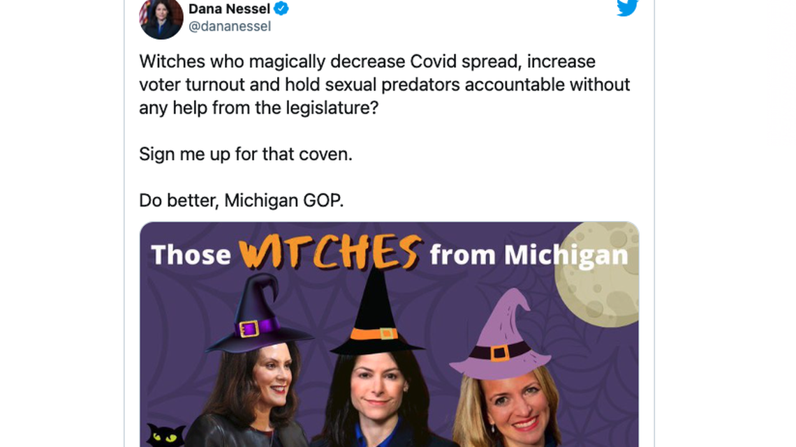 Dana Nessel, Michigan’s Attorney General, joked about a “witches” comment made by Michigan GOP leader Ron Weiser.