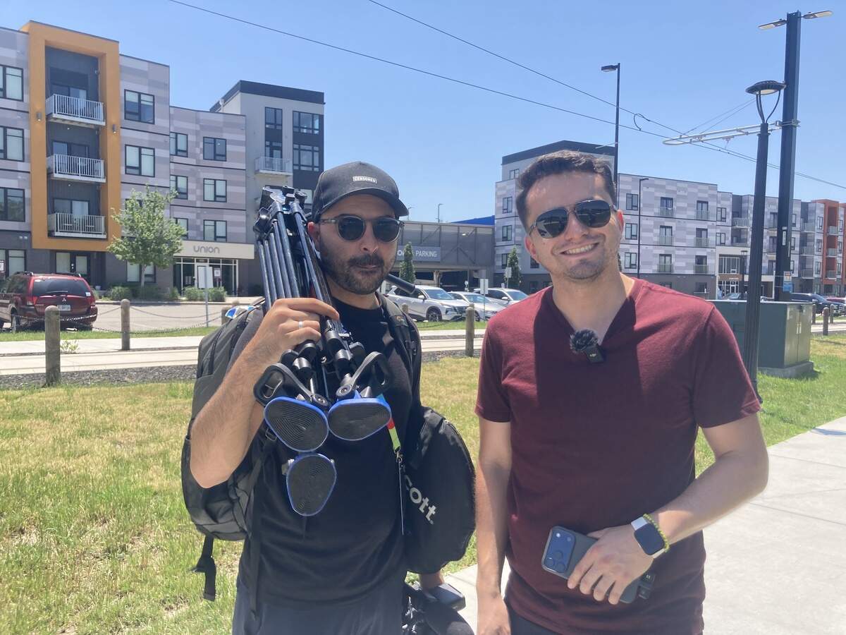 TV Azteca reporter Ivan Vilchis, right, with his photographer are pictured at Berkley Riverfront Park on June 9, 2026.
