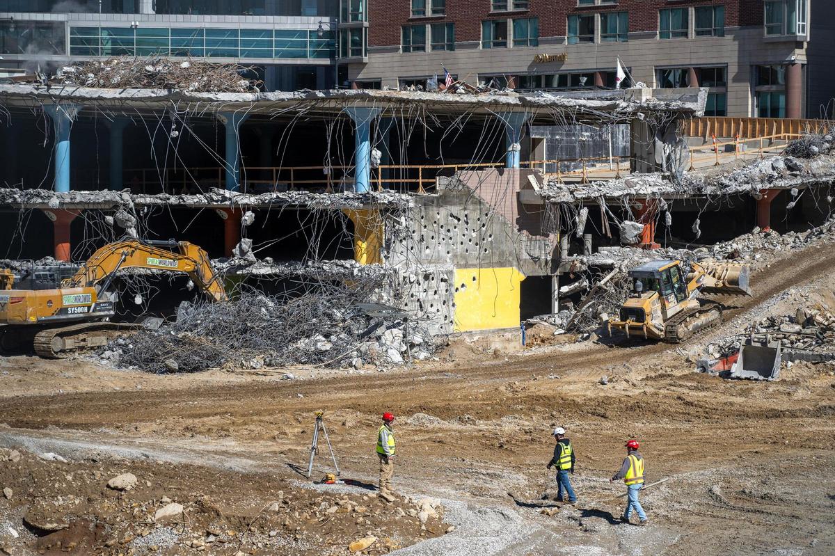 The multi-level parking garage that was under the plaza could be seen as crews worked to demolish Barney Allis Plaza.
