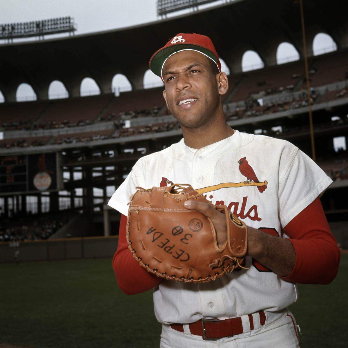 St. Louis Cardinals infielder Orlando Cepeda poses for a portrait at Busch Stadium in St. Louis, MO, USA