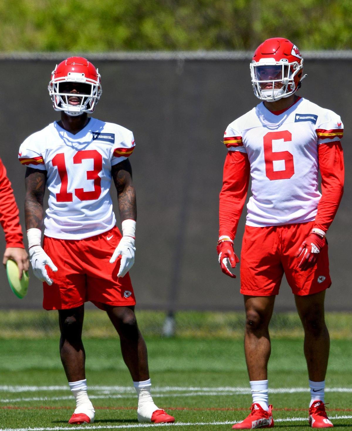 Safeties Nazeeh Johnson (13) and Bryan Cook (6) participated on the first day of the Kansas City Chiefs rookie minicamp at the training facility Saturday, May 7, 2022.