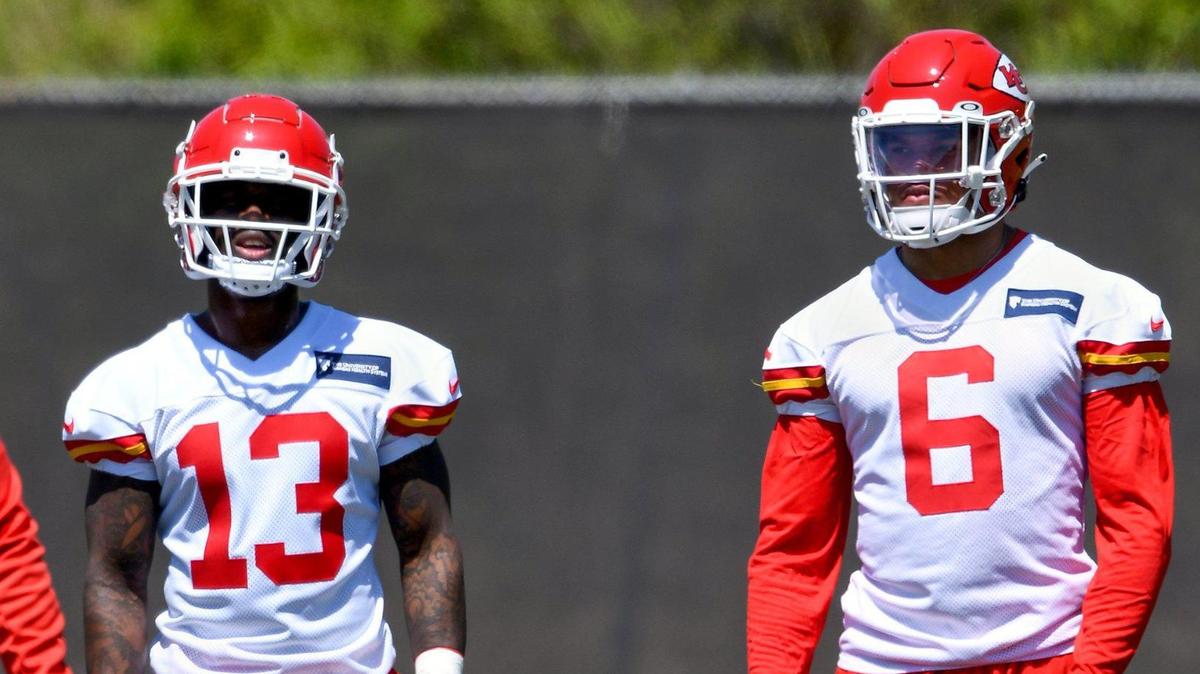 Safeties Nazeeh Johnson (No. 13) and Bryan Cook (6) participated on the first day of the Kansas City Chiefs’ rookie minicamp at the training facility Saturday, May 7, 2022.