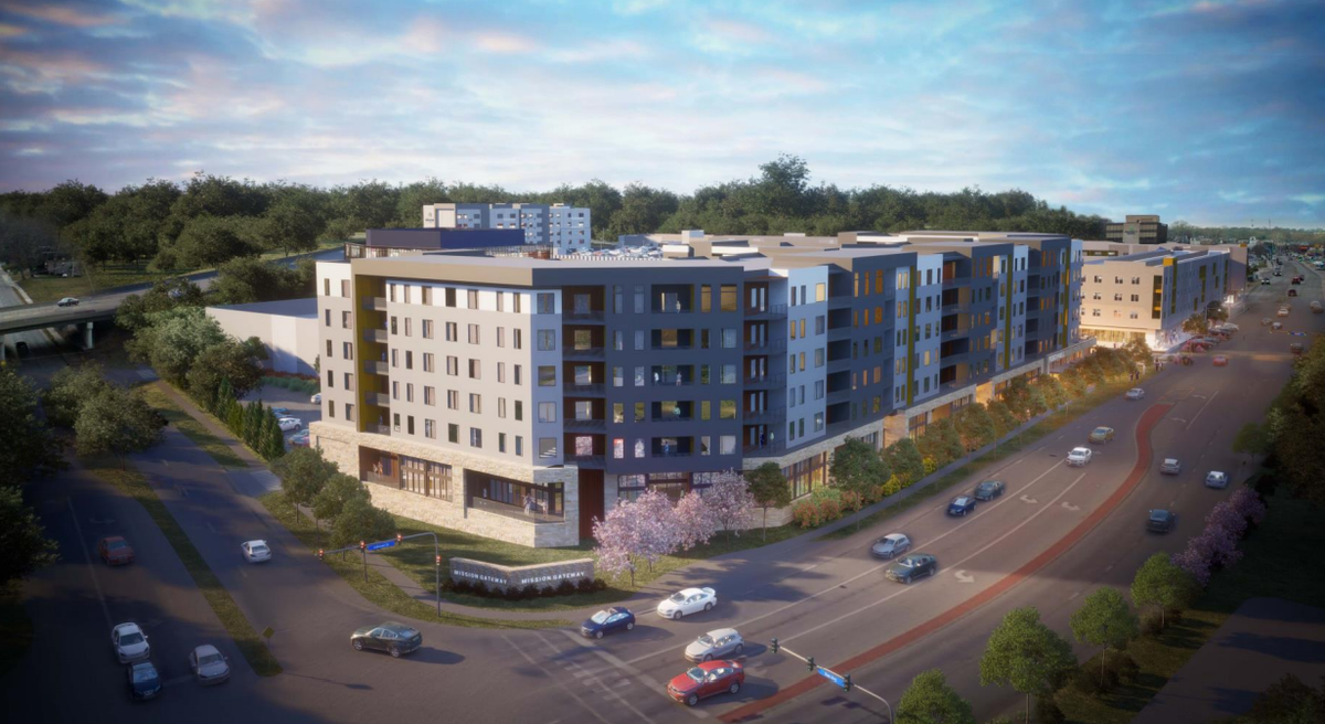 A rendering depicts the latest proposal for the long-delayed Mission Gateway project at Johnson Drive and Roe Avenue. The plans call for 327 apartments, a 202-room hotel, a Cinergy Entertainment complex, small food hall and a 100,000-square-foot office or medical facility.