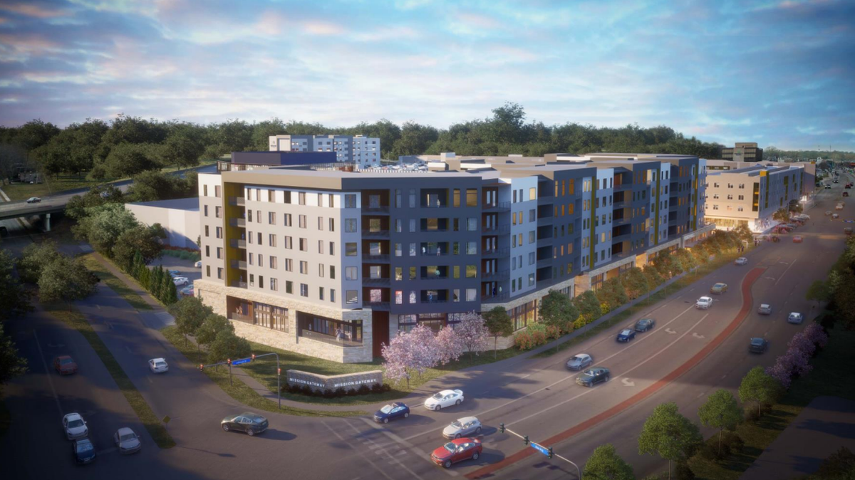 A rendering depicts the latest proposal for the long-delayed Mission Gateway project at Johnson Drive and Roe Avenue. The plans call for 327 apartments, a 202-room hotel, a Cinergy Entertainment complex, small food hall and a 100,000-square-foot office or medical facility.