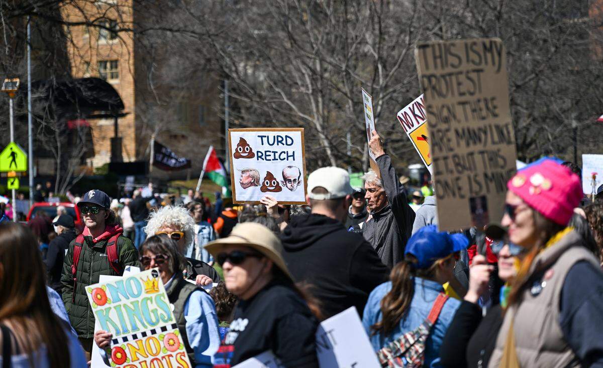 Protesters gathered in Mill Creek Park near the Country Club Plaza on Saturday, March 28, 2026, for a No Kings protest against the Trump administration. It's the third round of No Kings protests that have swept the nation over the past year.