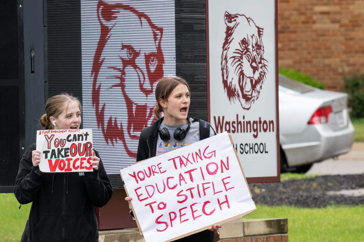 Washington High School students stage a walkout, protesting the recent Kansas legislation fining school districts for student activism, on Tuesday, May 5, 2026, in Kansas City.