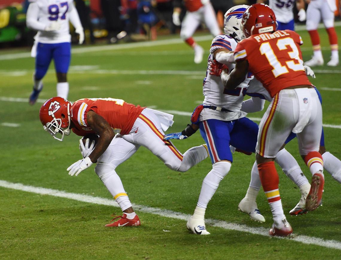 Kansas City Chiefs wide receiver Mecole Hardman stumbles over the goal line for a touchdown in the second quarter after catching a pass from quarterback Patrick MahomesSunday, January 24, 2021, during the AFC Championship Game at Arrowhead Stadium in Kansas City, Missouri.
