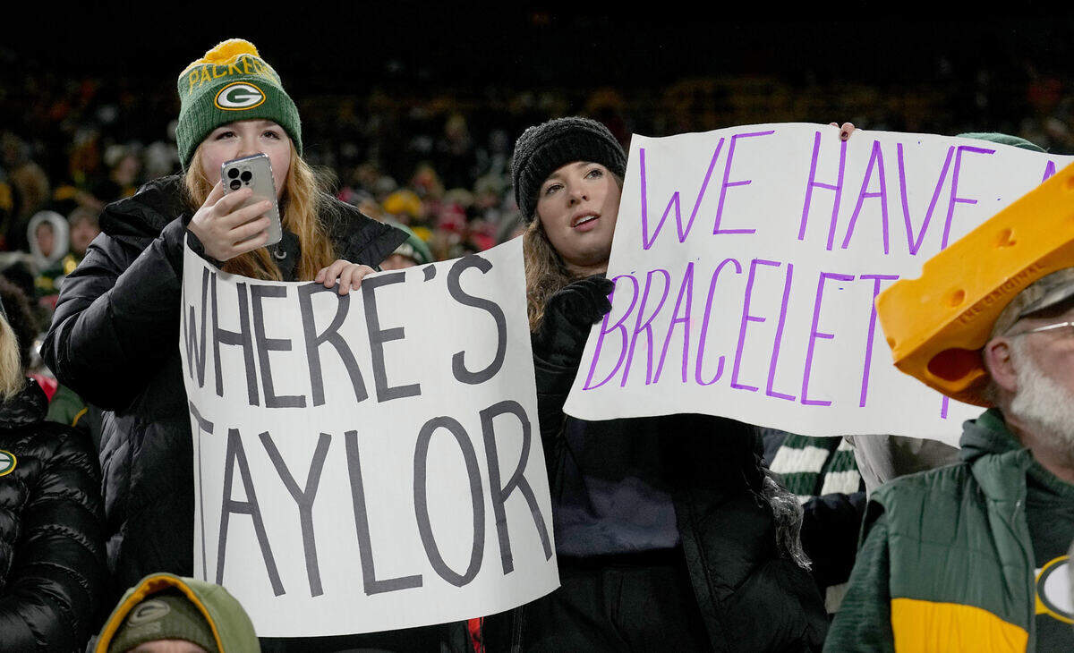 A Taylor Swift fan is shown before the game between the Green Bay Packers and the Kansas City Chiefs at Lambeau Field in Green Bay, Wisconsin.