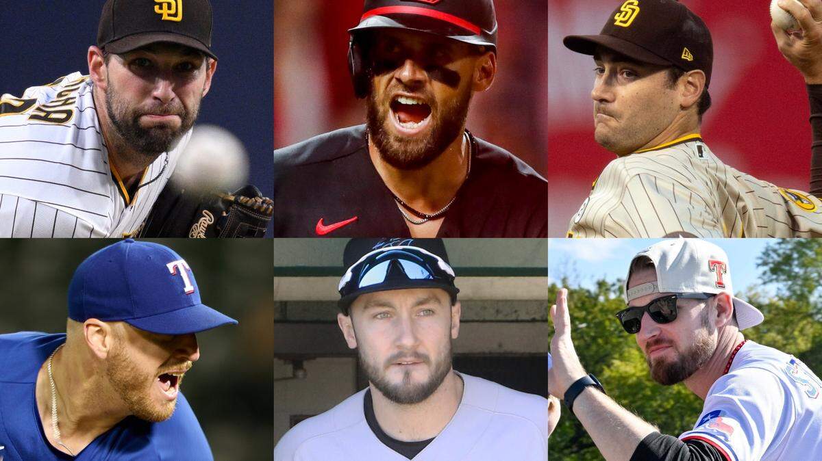 Recent offseason acquisitions for the Kansas City Royals include (clockwise from top left): pitcher Michael Wacha, slugger Hunter Renfroe, pitcher Seth Lugo, reliever Chris Stratton, utilityman Garrett Hampson and closer Will Smith.