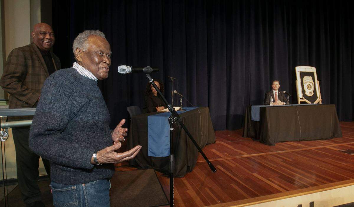 Alvin Brooks asked a question during a public forum in December with the three finalists for Kansas City police chief. He later met with Stacey Graves after she was named chief.