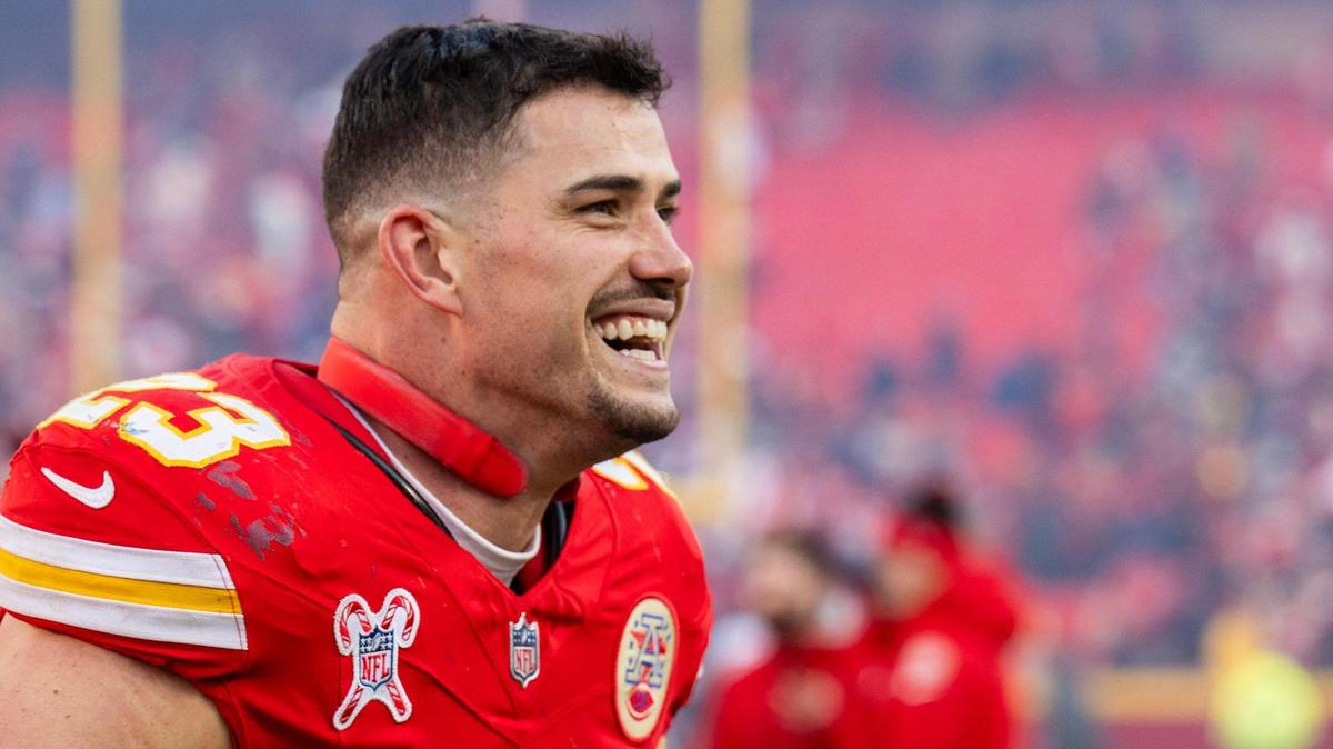 Kansas City Chiefs linebacker Drue Tranquill (23) was all smiles after the team defeated the Houston Texans 27-19 at GEHA Field at Arrowhead Stadium on Saturday, Dec. 21, 2024.