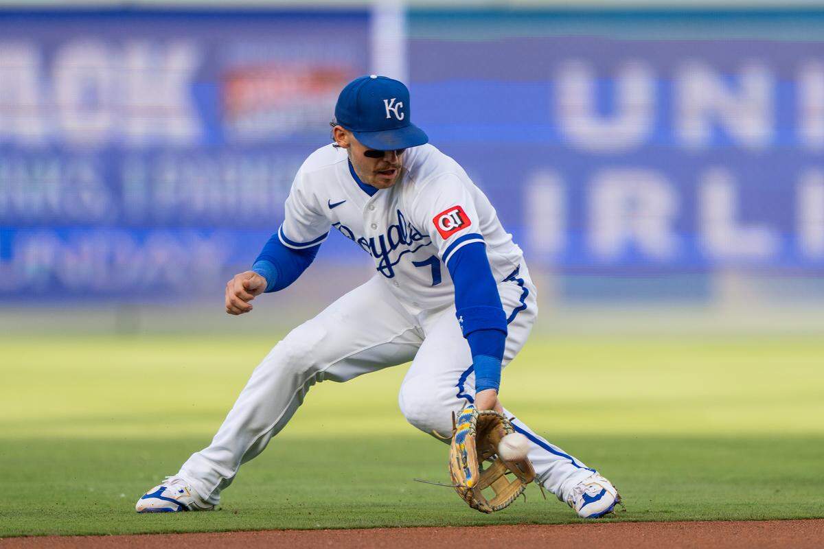 Kansas City Royals shortstop Bobby Witt Jr. snags a ground ball during a game against the Boston Red Sox on Wednesday, May 20, 2026, at Kauffman Stadium.