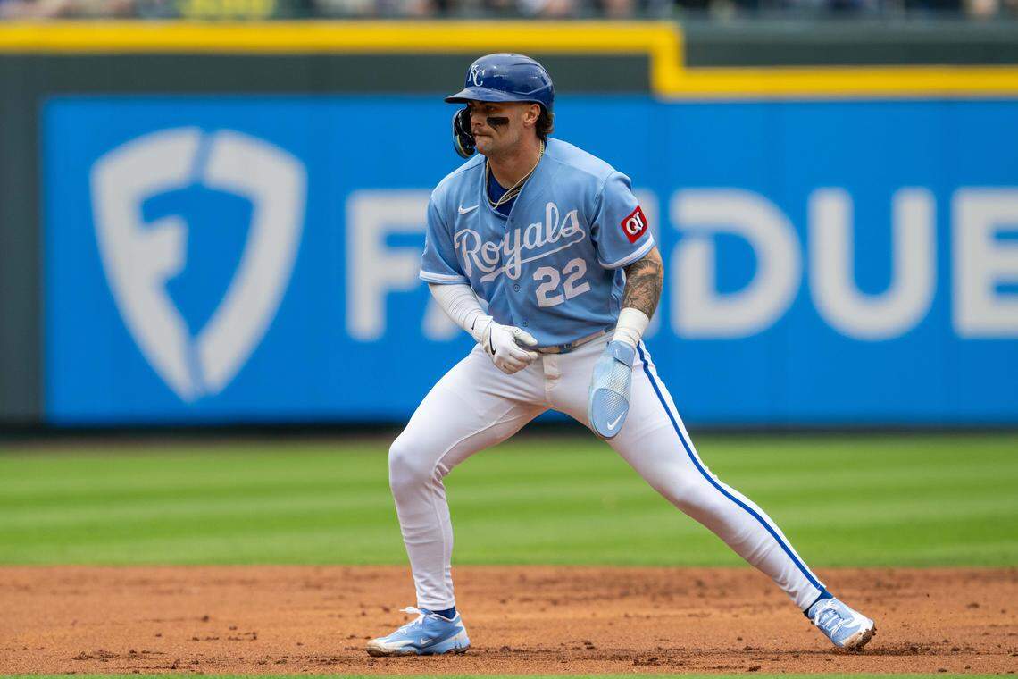 Kansas City Royals catcher Carter Jensen (22) moves toward third base during the game vs. the Baltimore Orioles on Wednesday, April 22, 2026 at Kauffman Stadium.