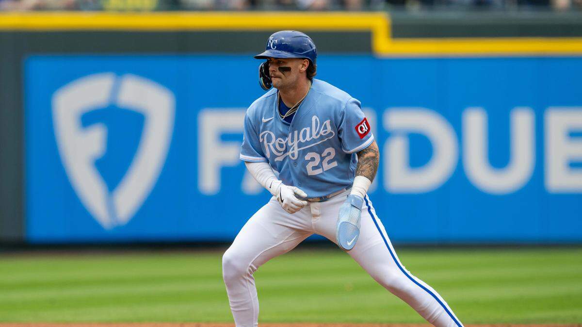 Kansas City Royals catcher Carter Jensen (22) moves toward third base during the game vs. the Baltimore Orioles on Wednesday, April 22, 2026 at Kauffman Stadium.