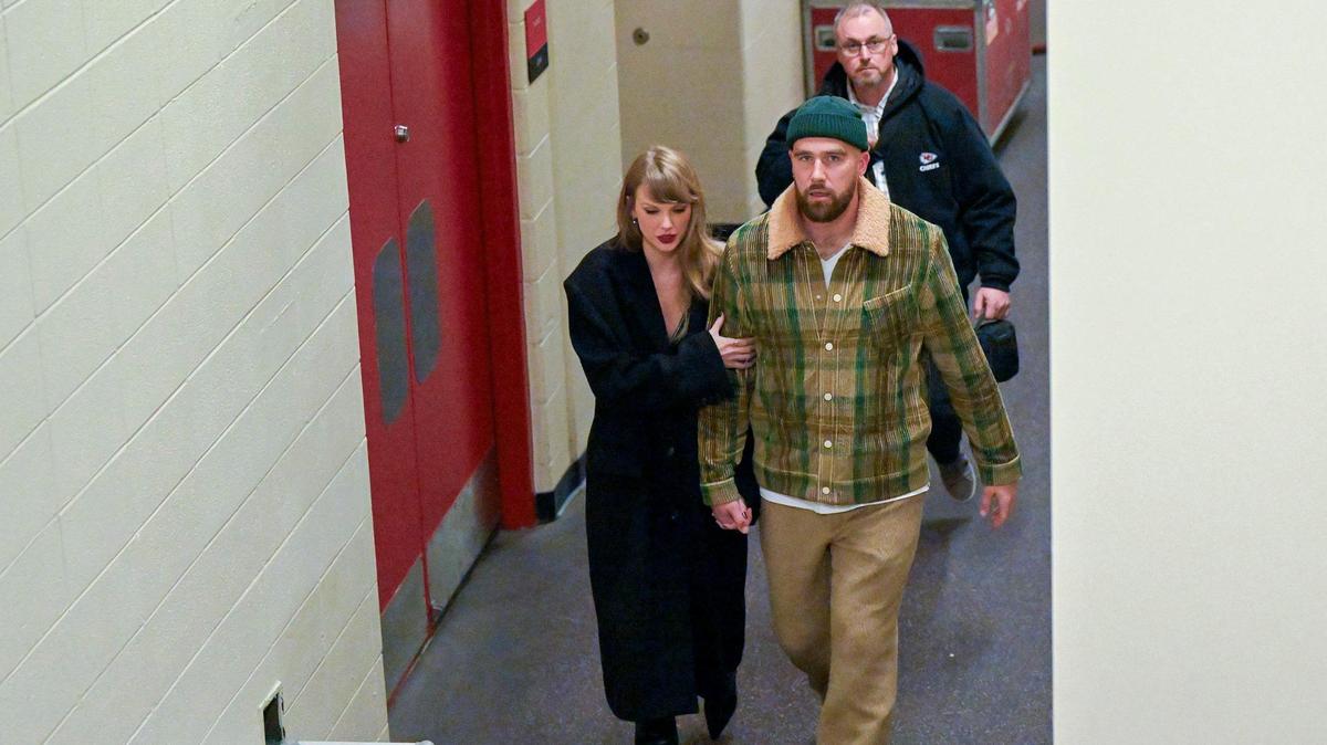 Taylor Swift and Travis Kelce leave after the Buffalo Bills defeated the Kansas City Chiefs, 20-17, on Sunday, Dec. 10, 2023, at GEHA Field at Arrowhead Stadium in Kansas City