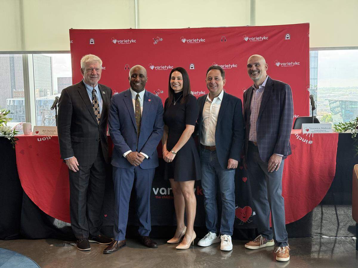 (Left to right) Bill Dietrich, Mayor Quinton Lucas, Veronica Mallouk, Peter Mallouk and Marc Harrell at the announcement for the Ten Parks Project at Blue Cross and Blue Shield of Kansas City