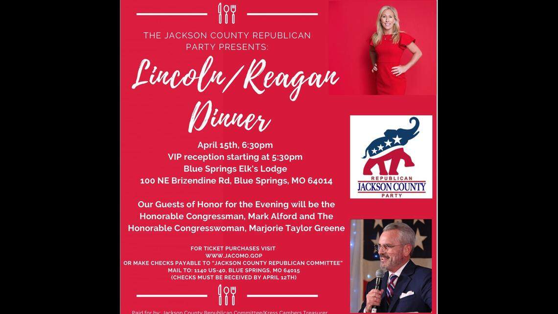 An event posting for the Jackson County Republican Party’s Lincoln/Reagan Dinner shows that Republican Rep. Marjorie Taylor Greene will be one of the keynote speakers.
