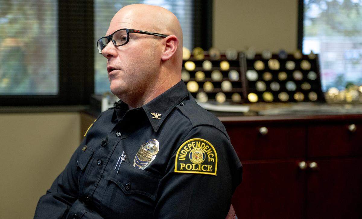 Adam Dustman, Independence police chief, speaks about his department’s pursuit policies on Oct. 24, 2023. 