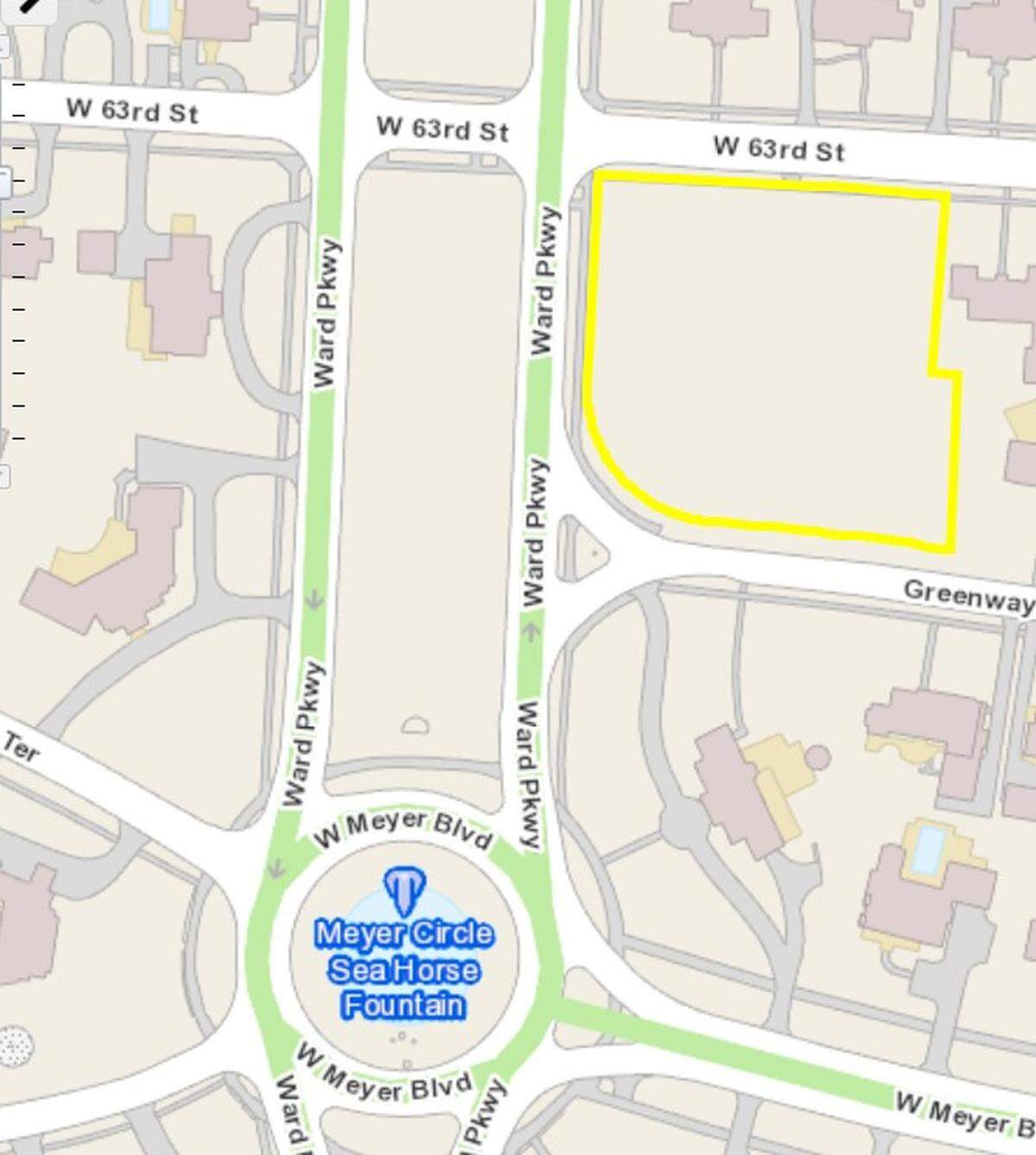 Location of the new modern home at 6315 Ward Parkway, a 1.5-acre parcel marked in yellow.