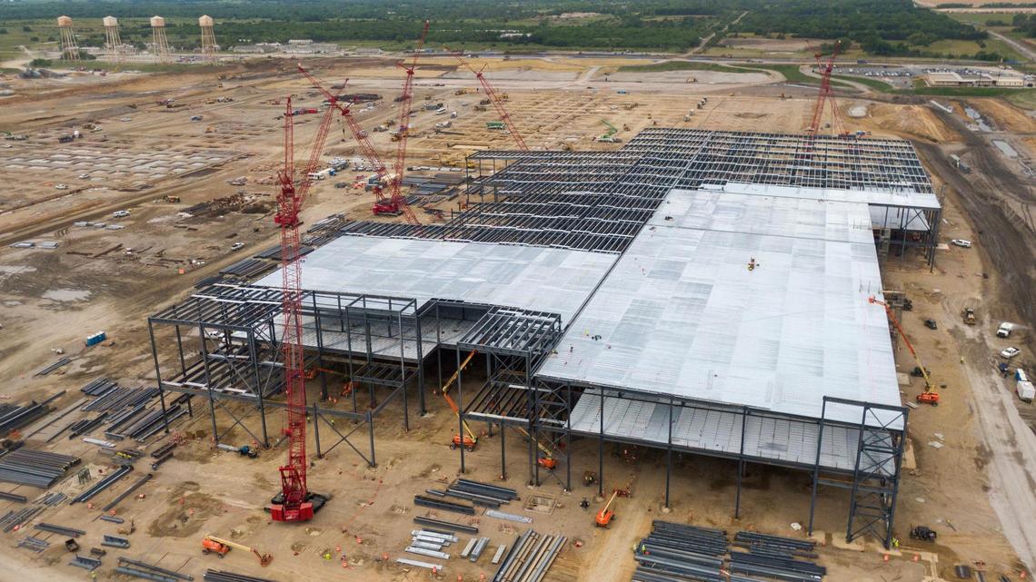 Work at the new Panasonic electric vehicle battery plant continues on Friday, July 7, 2023, in De Soto, Kansas. The plant, which will manufacture batteries for Telsa, is expected to employ about 4,000 employees and is being built on the former Sunflower Army Amunitions plant property.