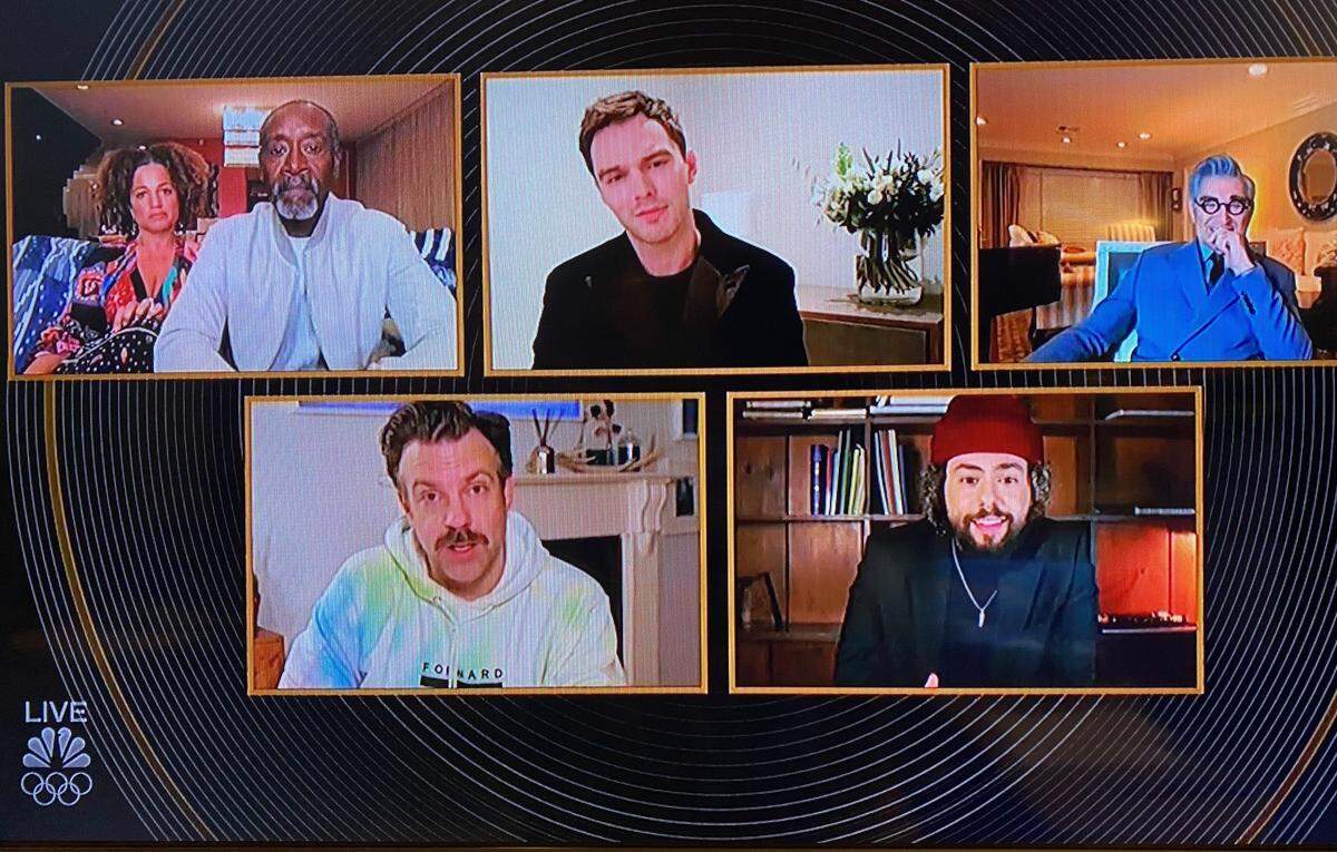 Jason Sudeikis, bottom left, accepted the Golden Globe for best actor in a TV comedy series Sunday night as his fellow nominees looked on, virtually. Clockwise from top left: Don Cheadle, Nicholas Hoult, Eugene Levy and Ramy Youssef.