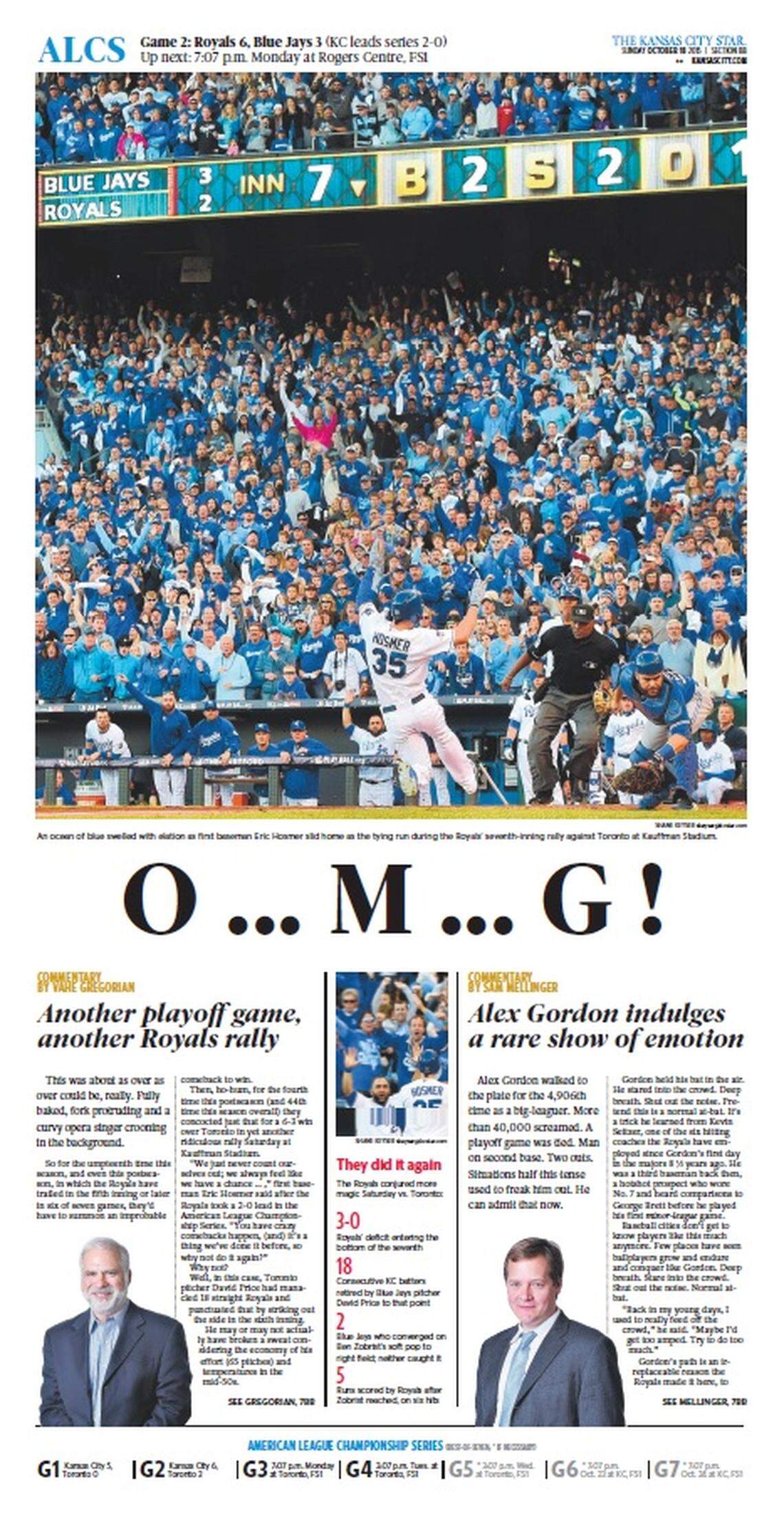 The front page of The Kansas City Star sports section the day after the Royals beat the Blue Jays in Game 2 of the American League Championship Series on Oct. 17, 2015.