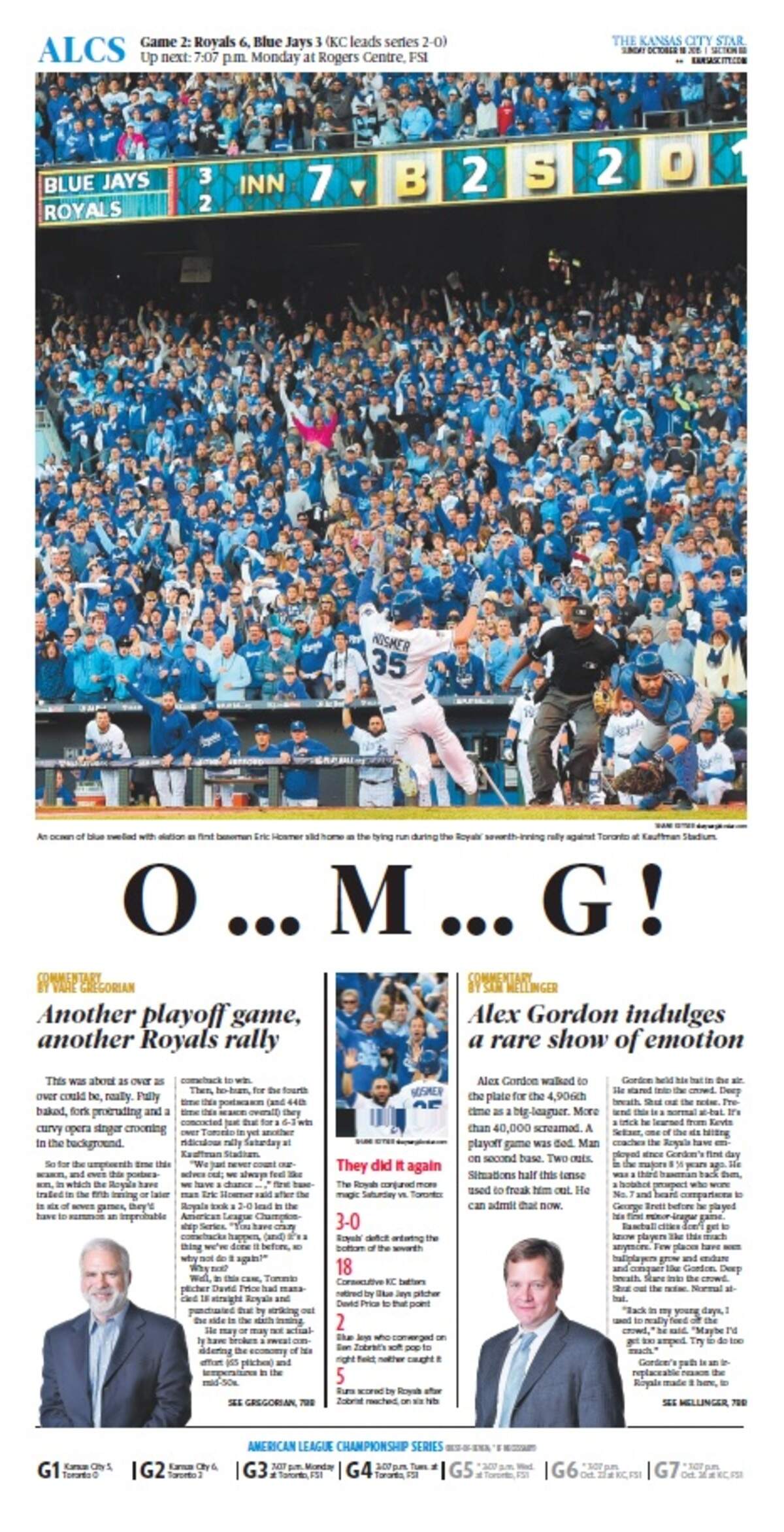 The front page of The Kansas City Star sports section the day after the Royals beat the Blue Jays in Game 2 of the American League Championship Series on Oct. 17, 2015.