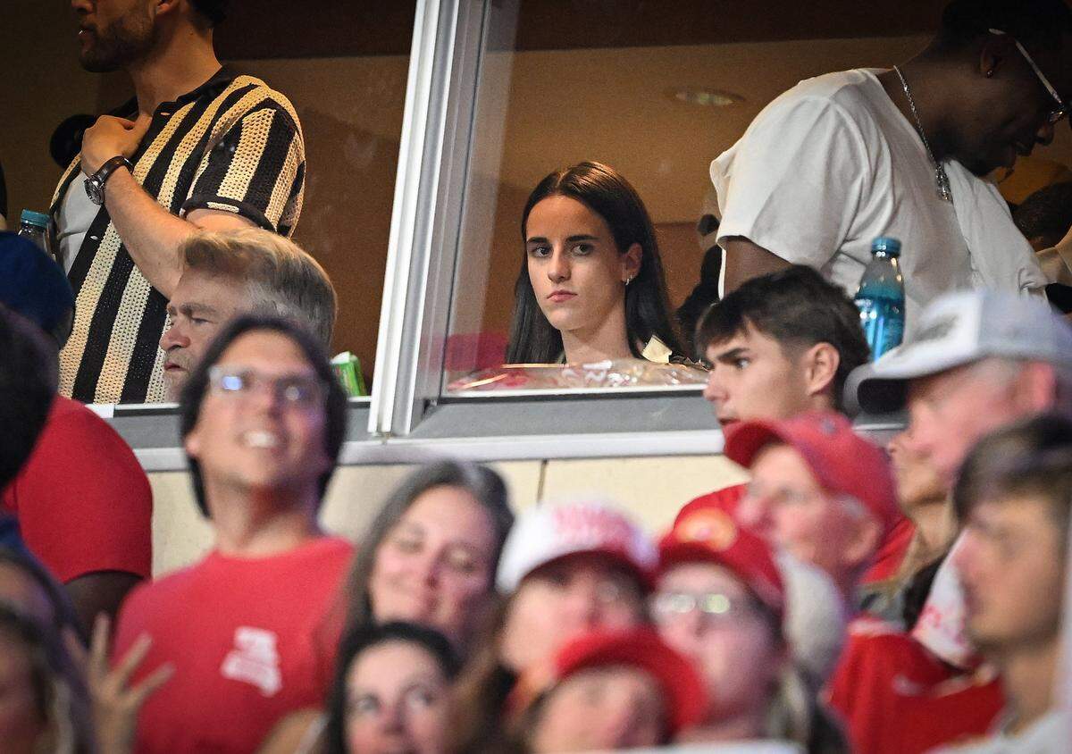 WNBA star Caitlin Clark watches the Kansas City Chiefs play the Detroit Lions from a suite on Sunday, Oct. 12, 2025, at GEHA Field at Arrowhead Stadium.