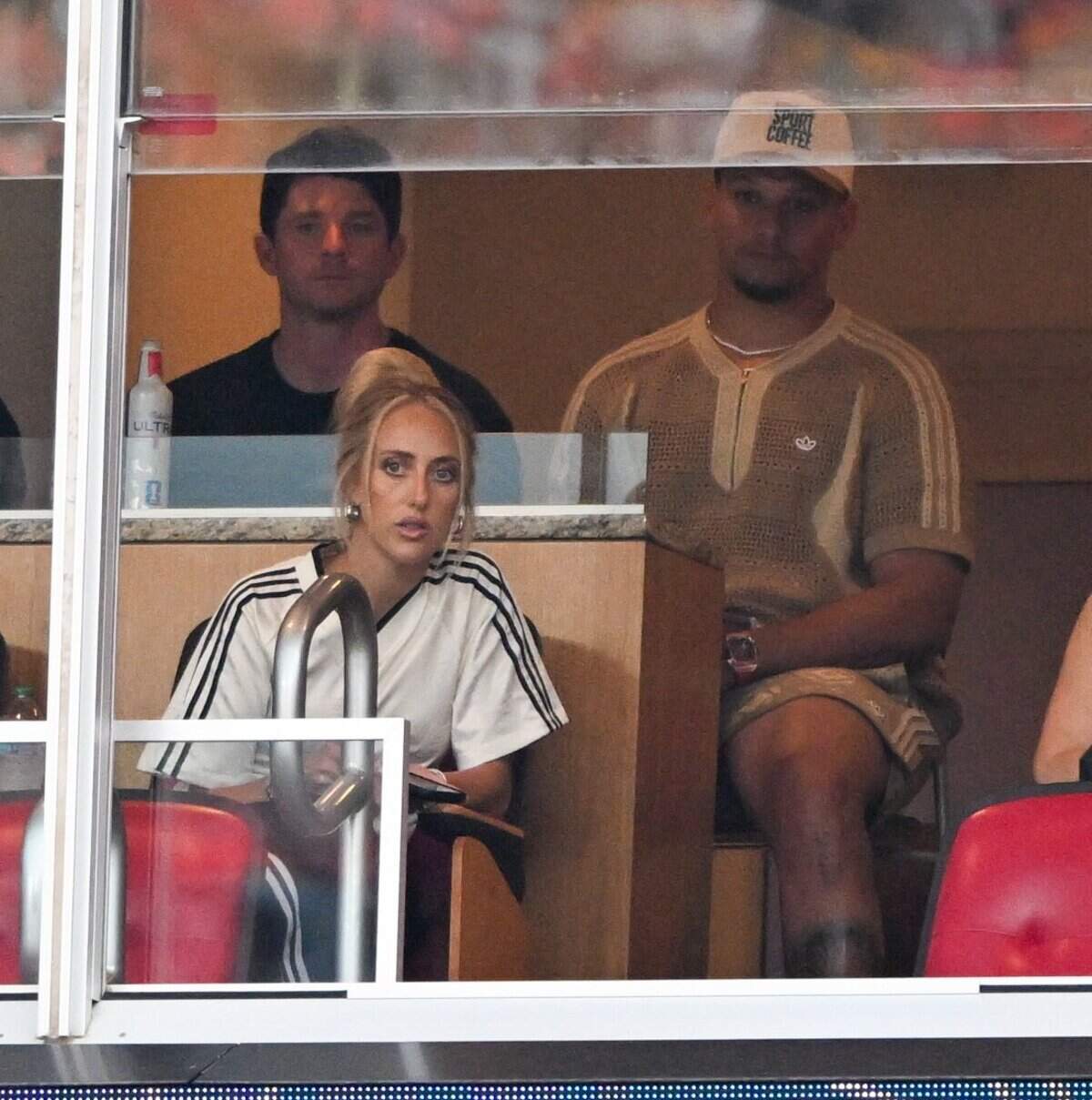 Kansas City Chiefs quarterback Patrick Mahomes and his wife Brittany are seen in a suite at the Netherlands vs. Tunisia FIFA World Cup group-stage soccer match at Kansas City (Arrowhead) Stadium in Kansas City on Thursday, June 25, 2026.