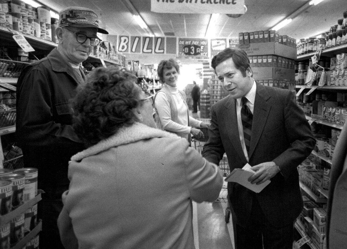 Mayor Richard L. Berkley campaigns in a northeast Kansas City supermarket in 1983.