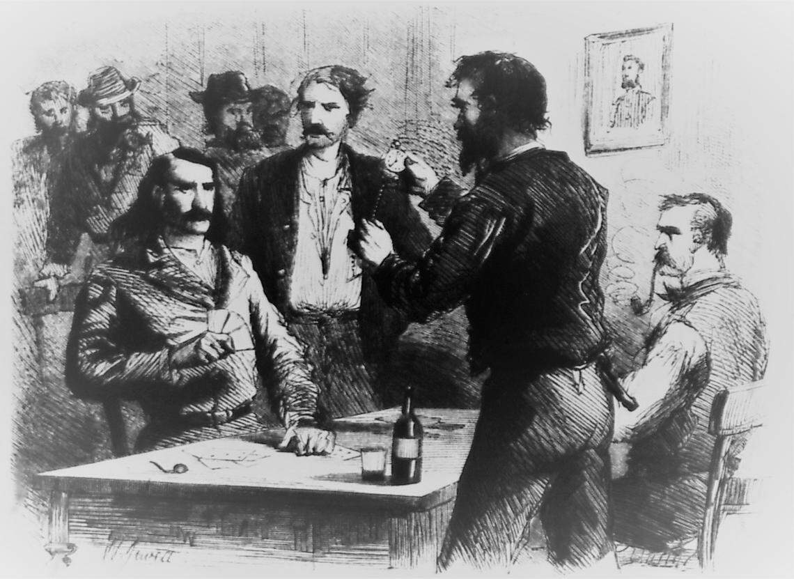 Illustration of a confrontation between Hickok and Davis (Dave) Tutt shortly before their 1865 duel. Harper’s New Monthly Magazine, February 1867.
