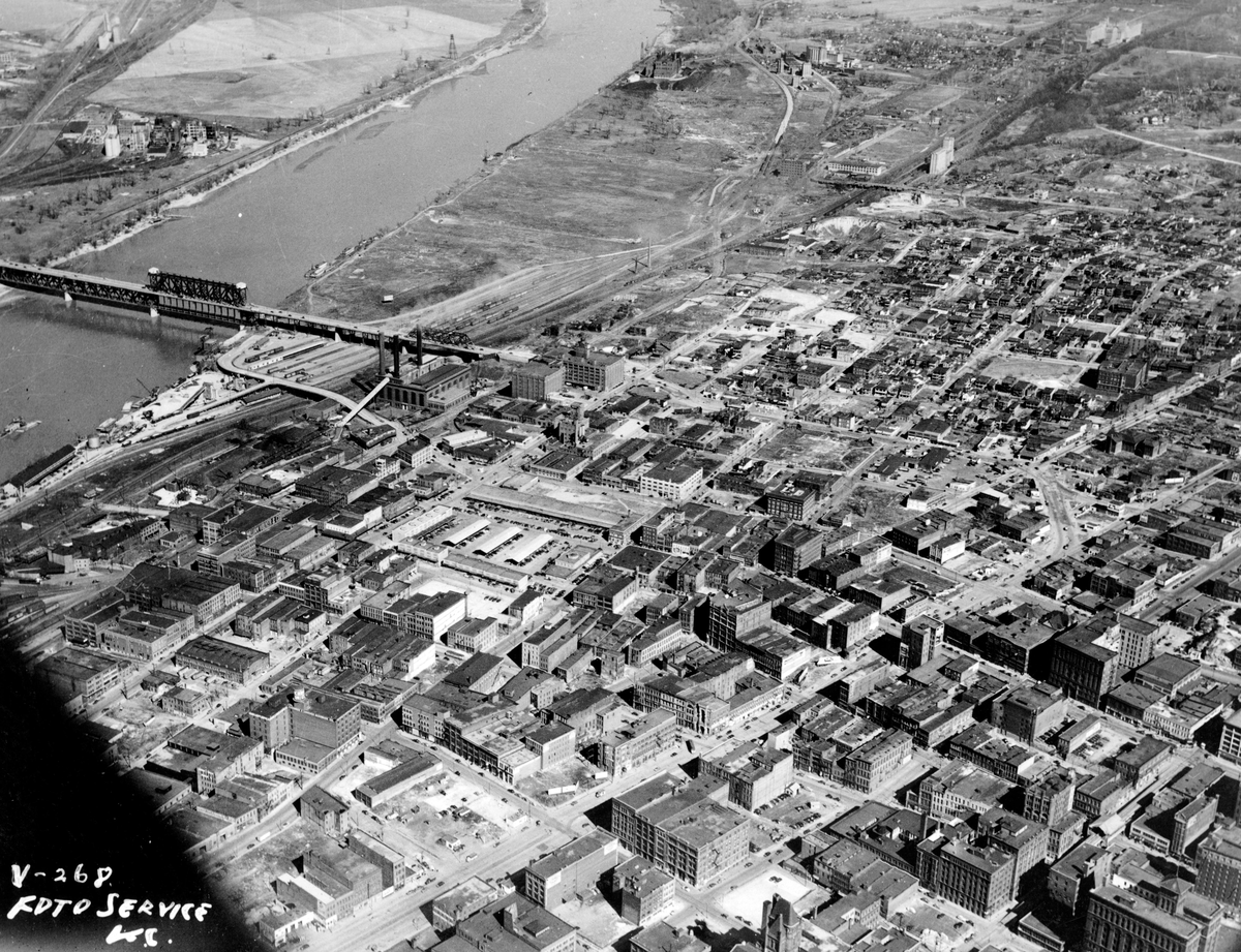 Aerial view of the underdeveloped area east of the ASB Bridge, 1950.