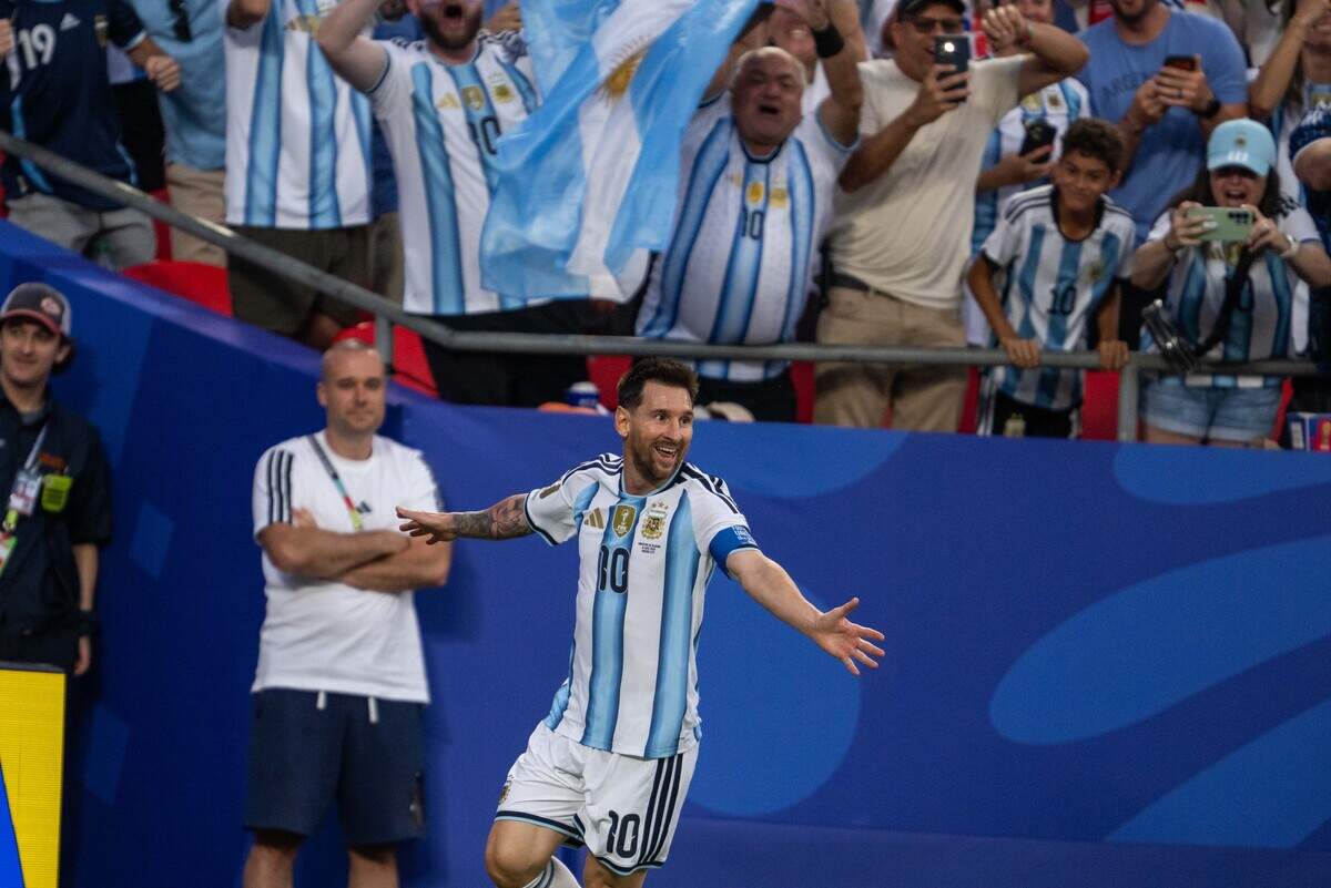 Argentina forward Lionel Messi (10) celebrates following a goal in a FIFA World Cup group-stage soccer match at Kansas City (Arrowhead) Stadium in Kansas City on Tuesday, June 16, 2026.