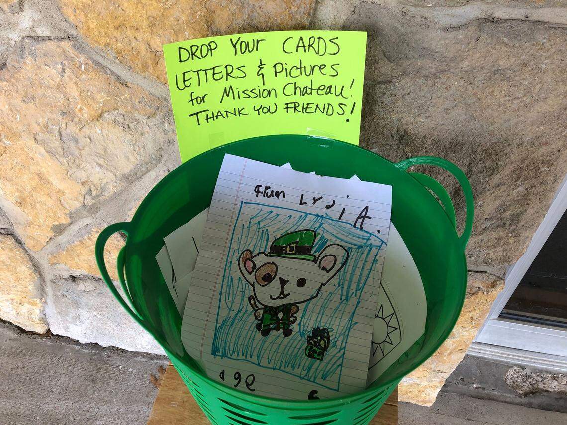 The Learning Tree owners Jonny and Jane Girson have placed a bucket outside their store for kids to drop off letters. They’ll be delivering them to Mission Chateau, a senior living facility where visitors have been banned.