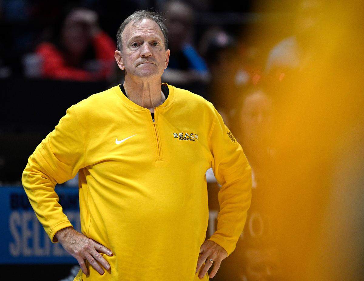 Long Beach State 49ers head coach Dan Monson looks on during the second half against the San Diego State Aztecs at Viejas Arena in San Diego, California, on Nov. 14, 2023.