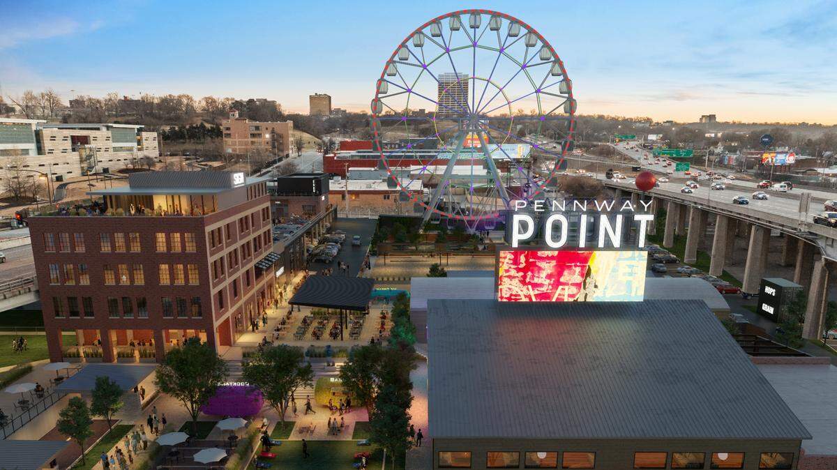Plans are in the works for a possible new entertainment district in Kansas City called Pennway Point. Renderings show the view looking south to Pennway Point.