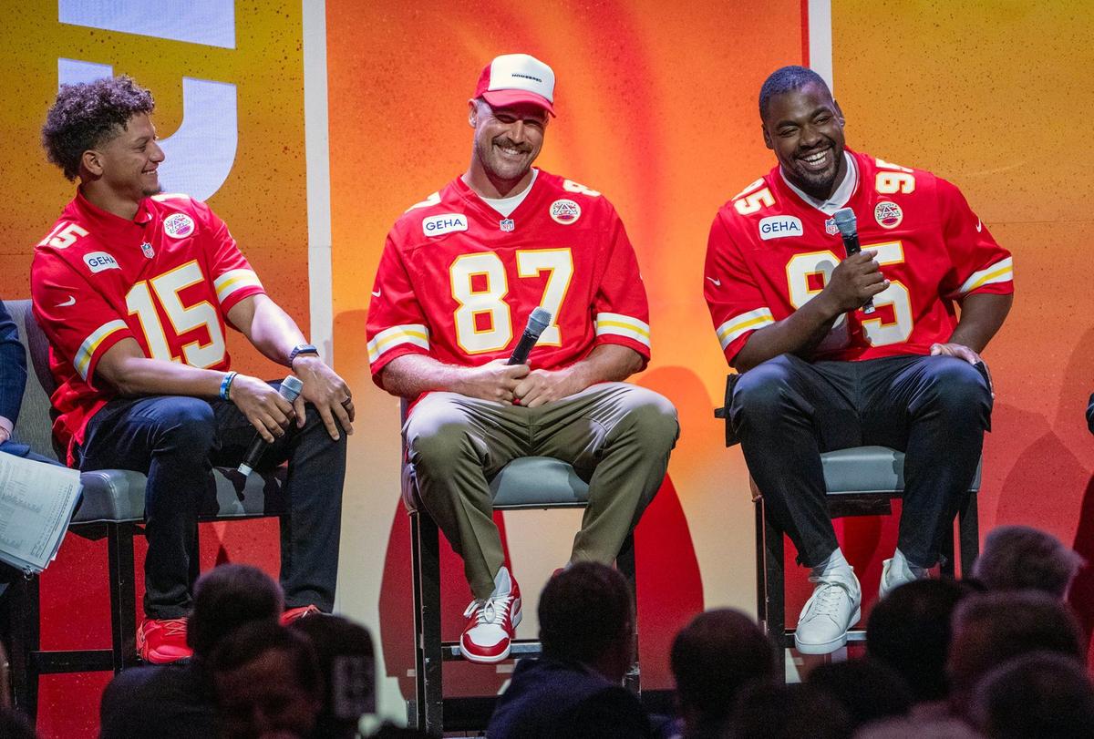 Chiefs quarterback Patrick Mahomes, tight end Travis Kelce and defensive tackle Chris Jones laughed as they addressed the crowd during the 2024 Chiefs Kickoff Luncheon on Wednesday, August 28 at the Loews Kansas City Hotel.