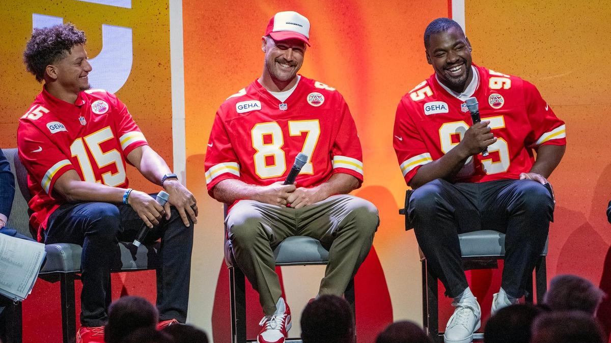Chiefs quarterback Patrick Mahomes, tight end Travis Kelce and defensive tackle Chris Jones laughed as they addressed the crowd during the 2024 Chiefs Kickoff Luncheon on Wednesday, August 28 at the Loews Kansas City Hotel. The event celebrates the NFL and Chiefs kickoff for the new season. The event is a benefit the Greater Kansas City Chamber of Commerce.