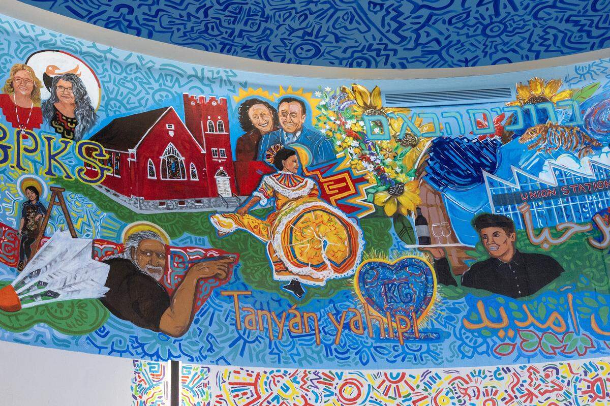 A mural by artist Chico Sierra is seen at the Ramón Murguía Visitor Entrance rotunda at Union Station on Sunday, May 24, 2026, in Kansas City.